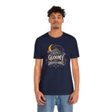 Navy crewneck T-shirt with front goth cat sleeping under moon graphic
