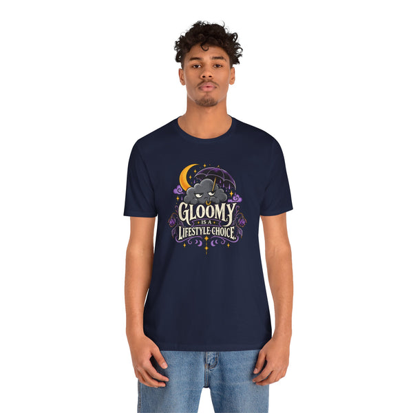 Navy crewneck T-shirt with front goth cat sleeping under moon graphic