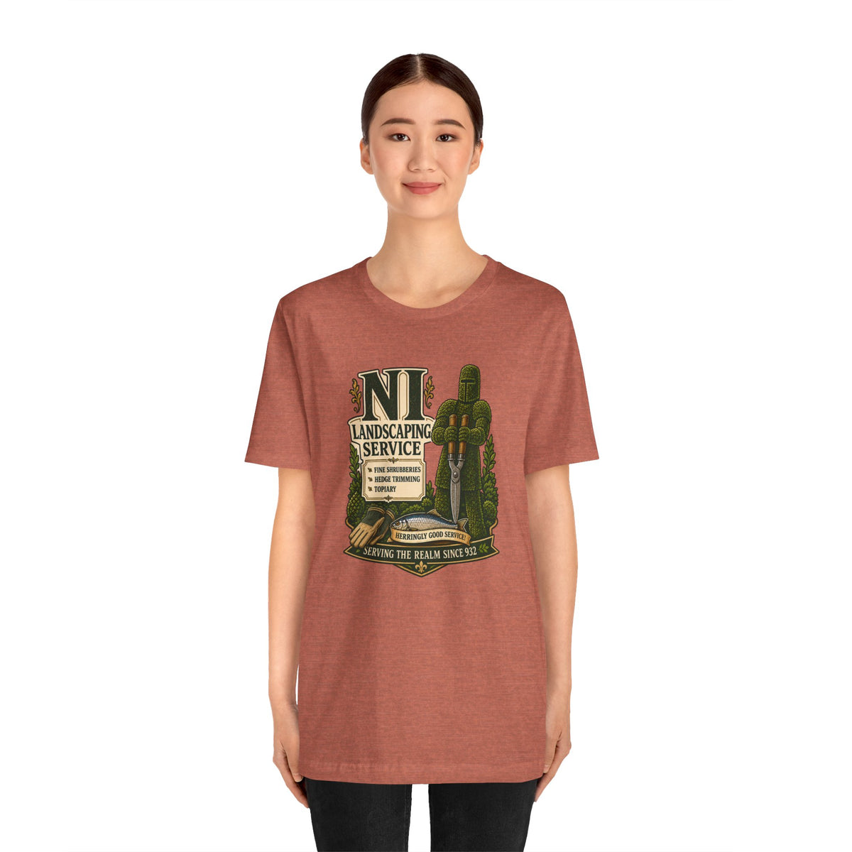 Rust crewneck graphic T-shirt with "NI Landscaping Service" emblem, short sleeves