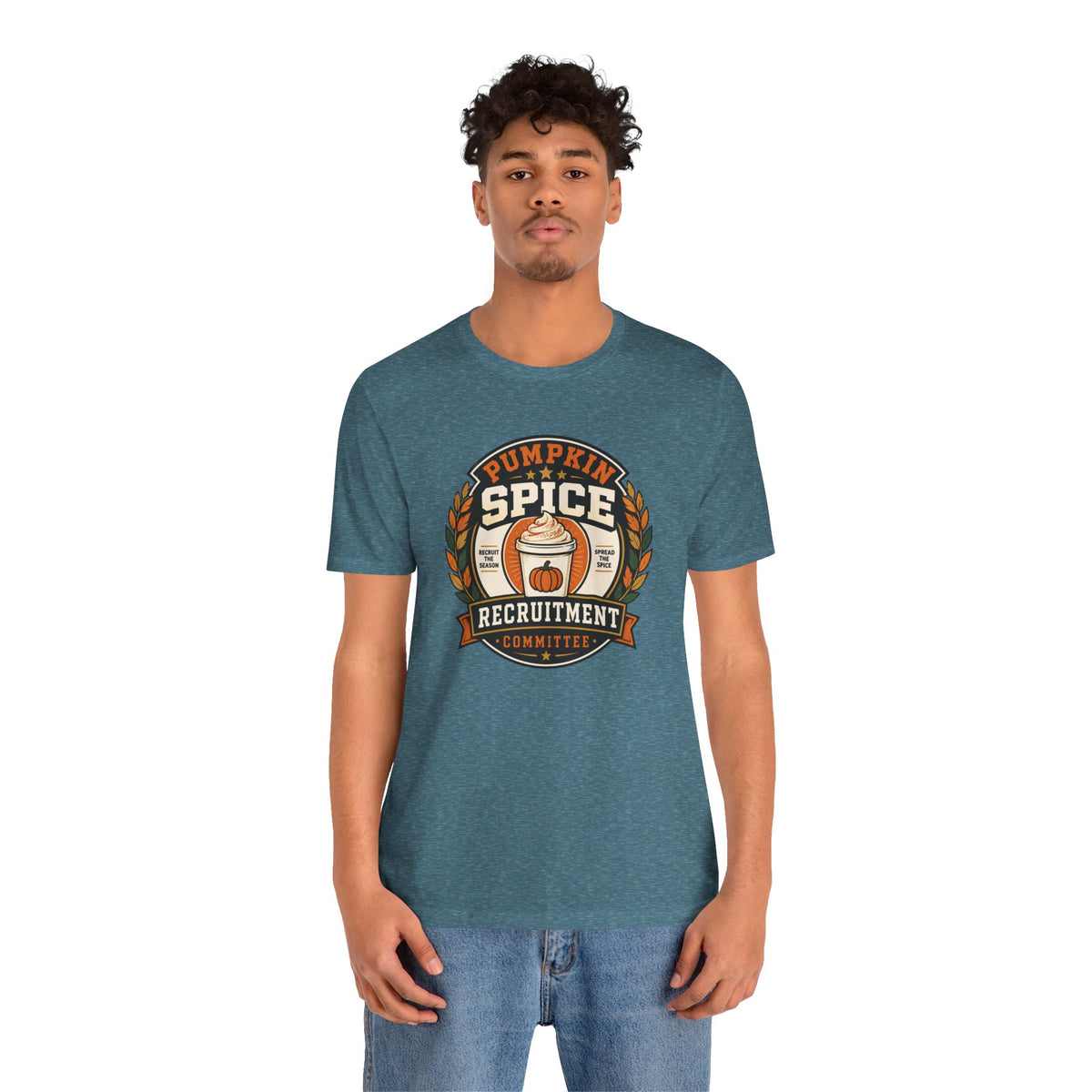Teal heather crewneck t-shirt with Pumpkin Spice Recruitment Committee circular graphic