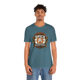 Teal heather crewneck t-shirt with Pumpkin Spice Recruitment Committee circular graphic