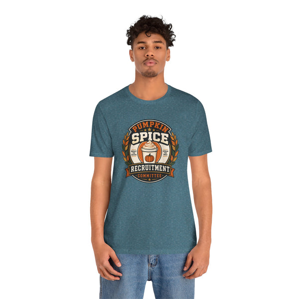 Teal heather crewneck t-shirt with Pumpkin Spice Recruitment Committee circular graphic