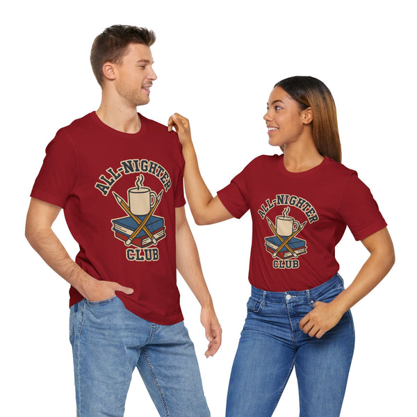 Two red T-shirts with 'All-Nighter Club' coffee-and-books logo, crew necks.