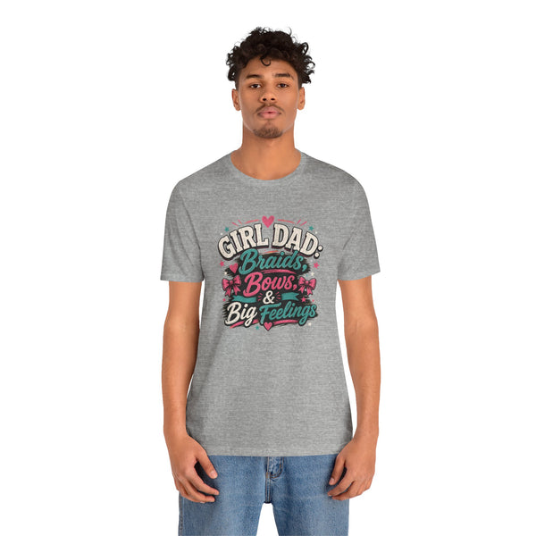 Heather gray crew-neck t-shirt on model with Girl Dad braids, bows & big feelings graphic