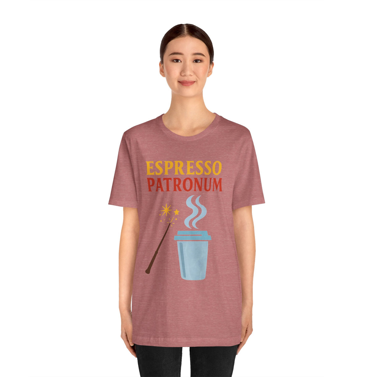 Mauve unisex T-shirt with "Espresso Patronum" print, coffee cup and steam graphic