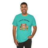 Teal crewneck T-shirt with axolotl reading books graphic