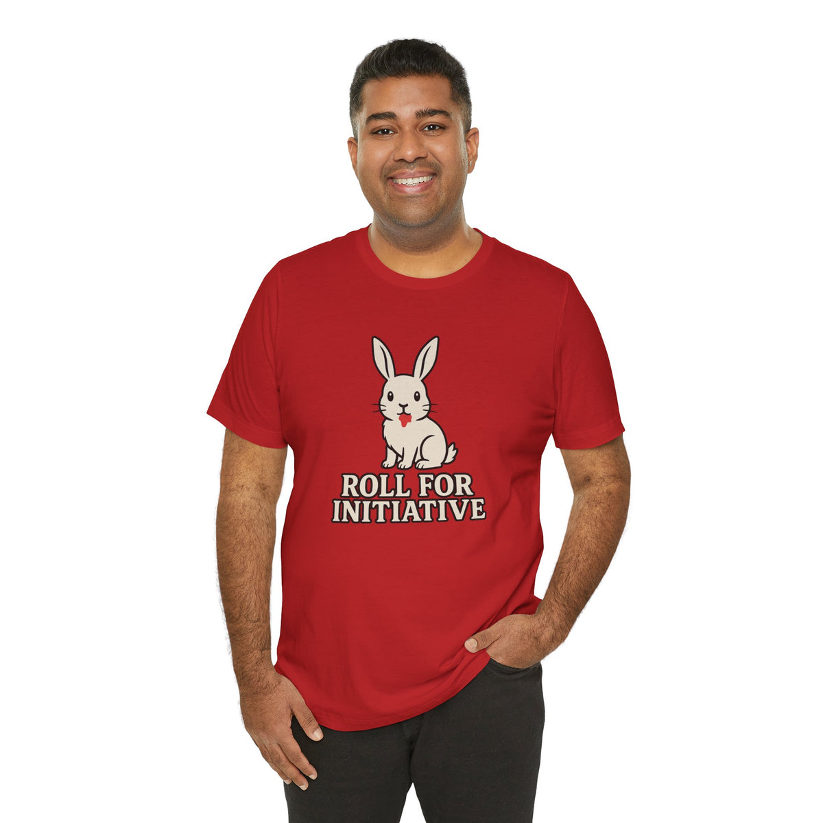 Red t-shirt with bunny illustration and stacked “Roll for Initiative” text