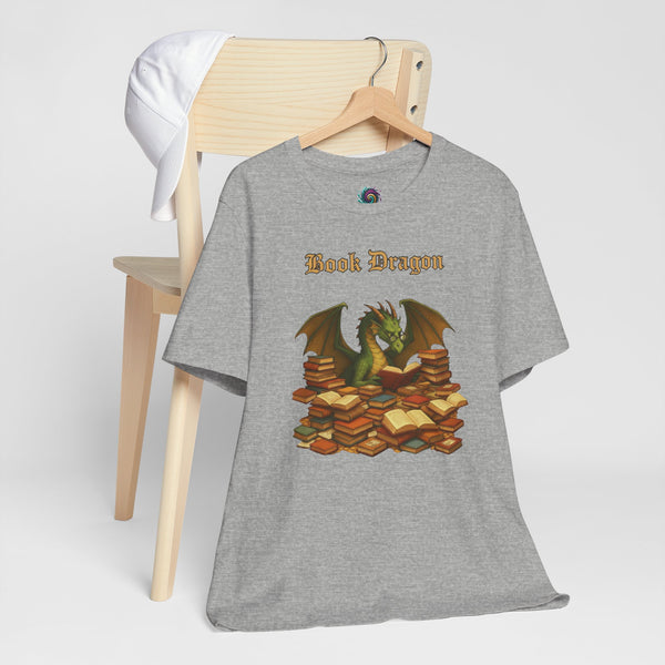 Heather gray crewneck T-shirt with Book Dragon graphic on stacked books