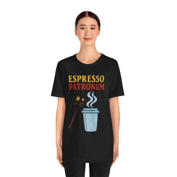 Black short-sleeve T-shirt with “ESPRESSO PATRONUM” text and steaming coffee cup graphic