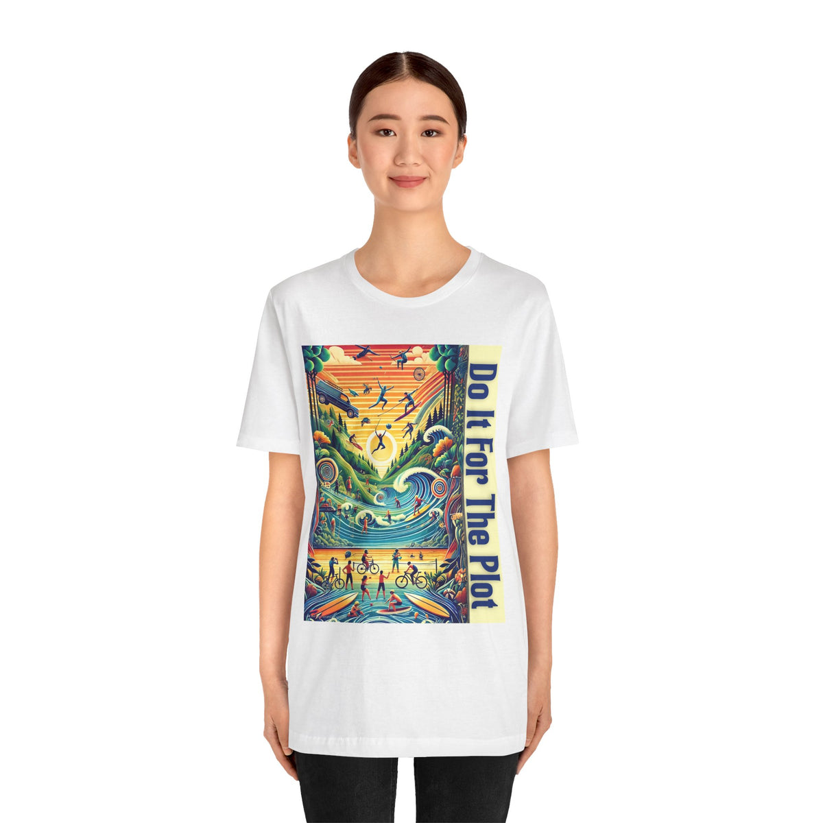 White crew-neck graphic t-shirt with vertical “Do It For The Plot” poster-style print