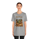 Heather gray crewneck T-shirt on model with Book Dragon graphic centered