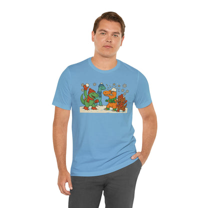 Dinosaur Snowball Fight T-Shirt – Funny Winter Dino Graphic Tee