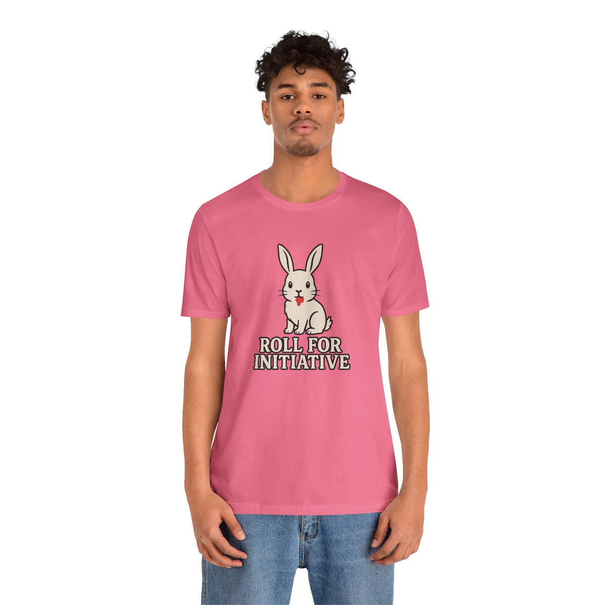 Pink T-shirt on a model with bunny graphic and “Roll for Initiative” text