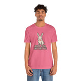 Pink T-shirt on a model with bunny graphic and “Roll for Initiative” text