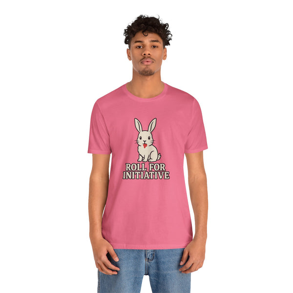 Pink T-shirt on a model with bunny graphic and “Roll for Initiative” text