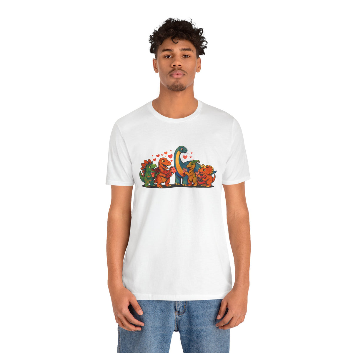 White crewneck T-shirt with dinosaur Valentine graphic, casual short sleeves