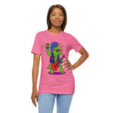 Pink crew-neck graphic T-shirt with punk triceratops playing guitar, side pose