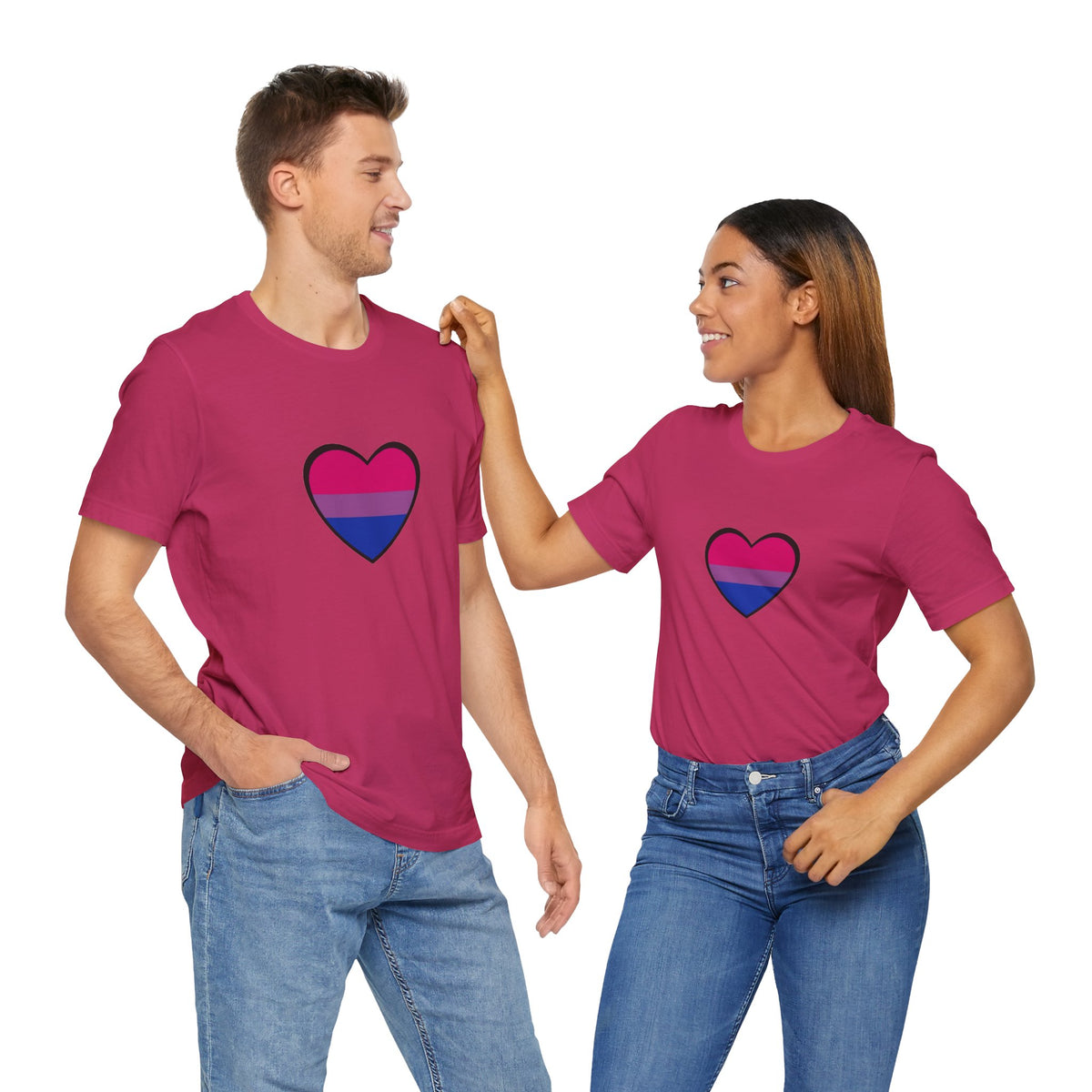 Pair of pink crew-neck T-shirts with blue and pink pride heart graphic