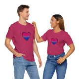 Pair of pink crew-neck T-shirts with blue and pink pride heart graphic