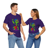 Purple crewneck graphic dinosaur t-shirt with triceratops playing guitar on two people