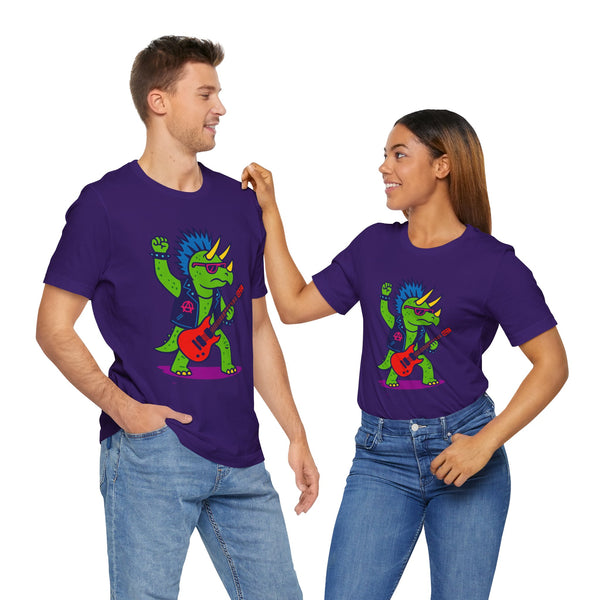 Purple crewneck graphic dinosaur t-shirt with triceratops playing guitar on two people