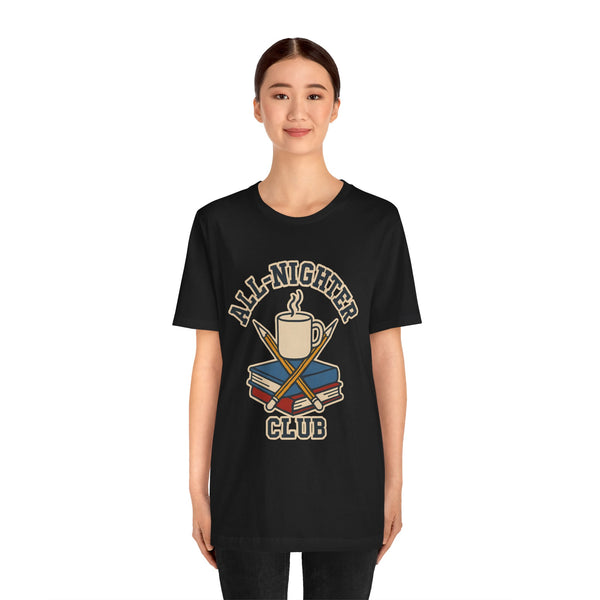Black crew-neck T-shirt with 'All-Nighter Club' coffee graphic