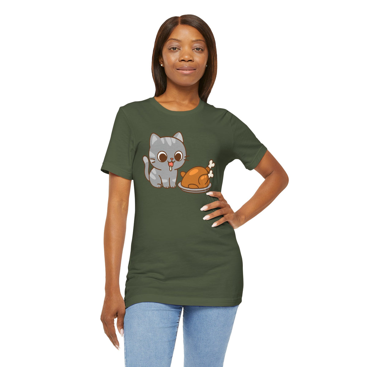 Dark green t-shirt featuring a cartoon hungry cat beside a turkey graphic