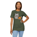Dark green t-shirt featuring a cartoon hungry cat beside a turkey graphic