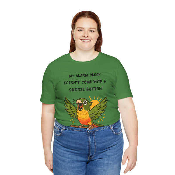 Green parrot alarm graphic tee with “My alarm clock” and “snooze button” text.