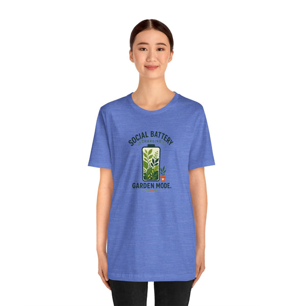Blue crew-neck T-shirt on model, “Social Battery” garden mode text and plant graphic