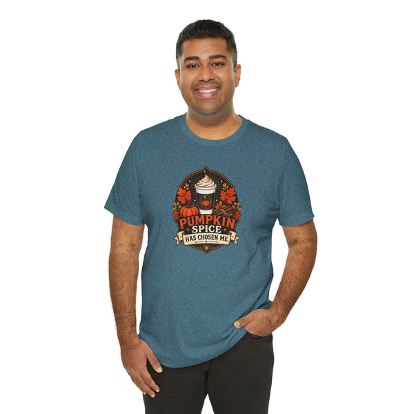 Teal crew-neck T-shirt with graphic text "Pumpkin Spice has chosen me".