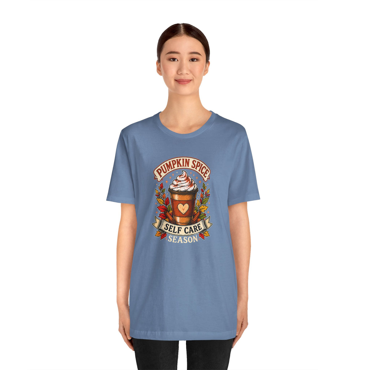 Steel blue crew-neck T-shirt with pumpkin spice self-care season front graphic