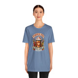 Steel blue crew-neck T-shirt with pumpkin spice self-care season front graphic