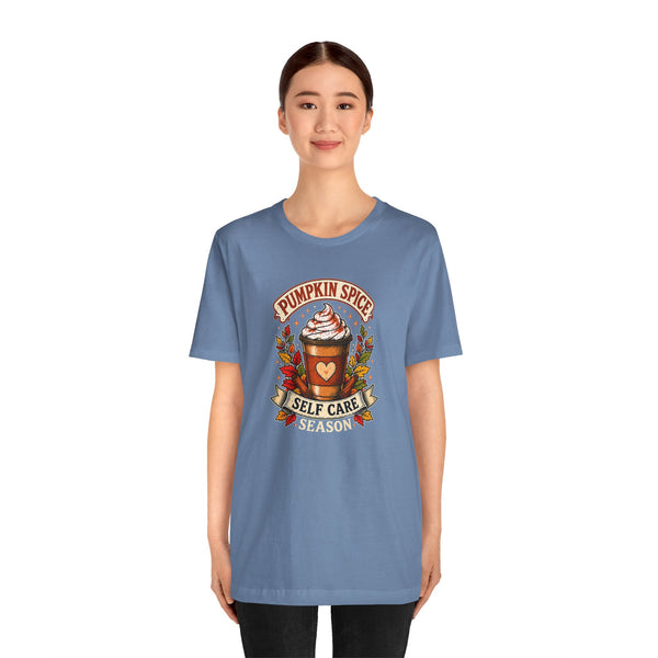 Steel blue crew-neck T-shirt with pumpkin spice self-care season front graphic