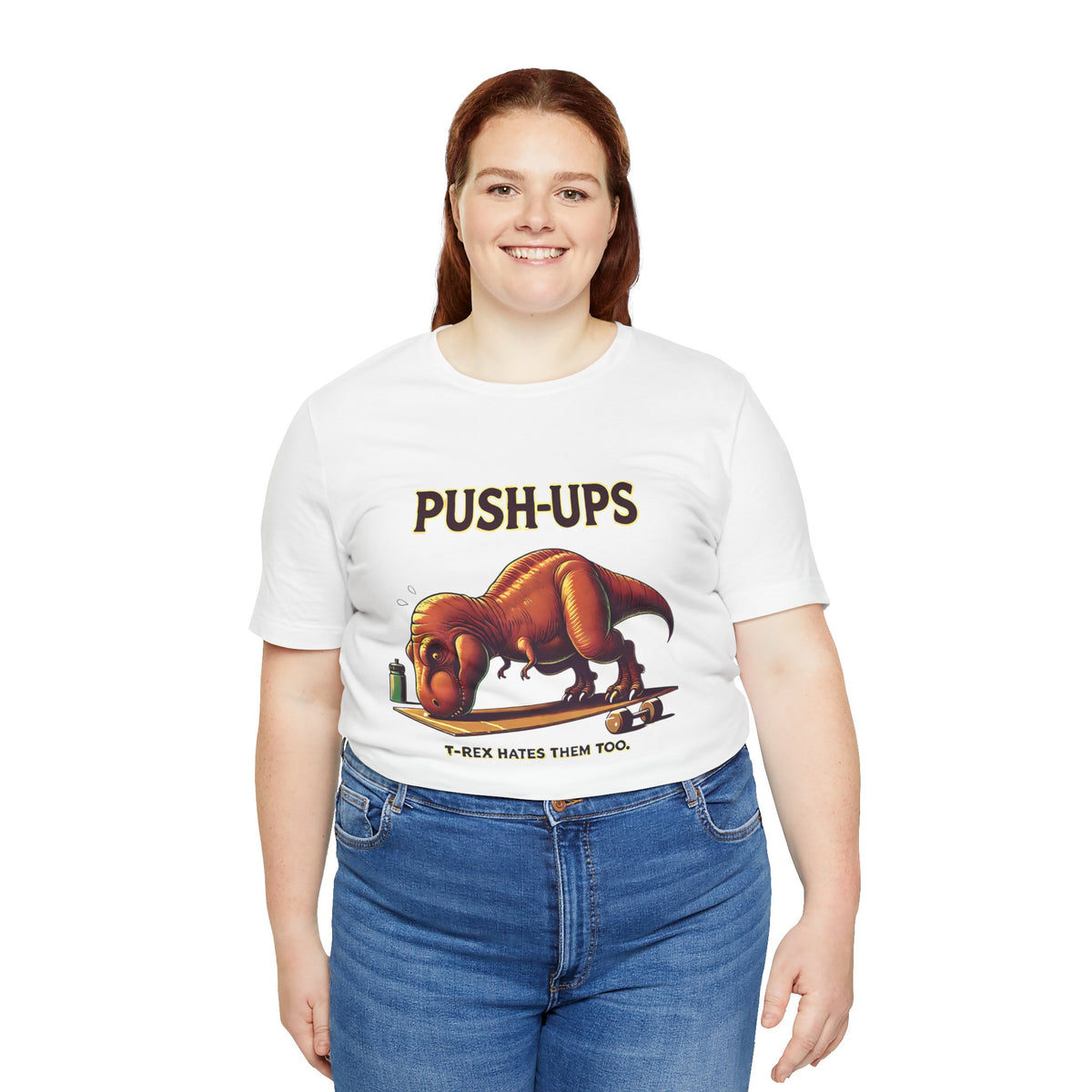 White T-shirt with PUSH-UPS dinosaur graphic and T-Rex push-up workout print