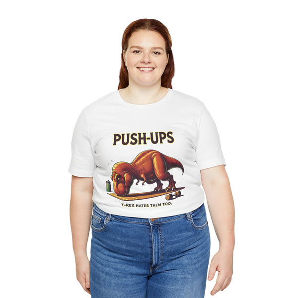 White T-shirt with PUSH-UPS dinosaur graphic and T-Rex push-up workout print