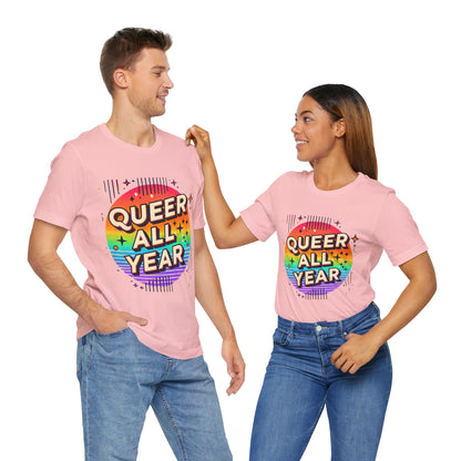 Queer All Year Tee – Retro Rainbow LGBTQ+ Graphic Shirt
