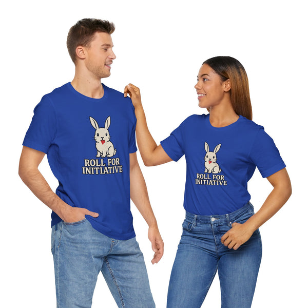 Pair wearing blue bunny “Roll for Initiative” graphic T-shirts