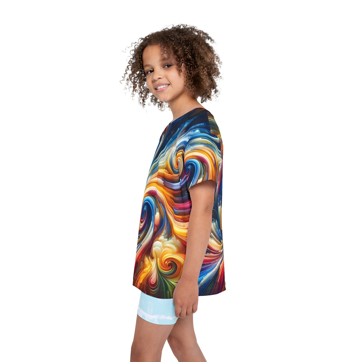 Kids' short-sleeve crew neck tee, colorful swirl vortex print (side view)