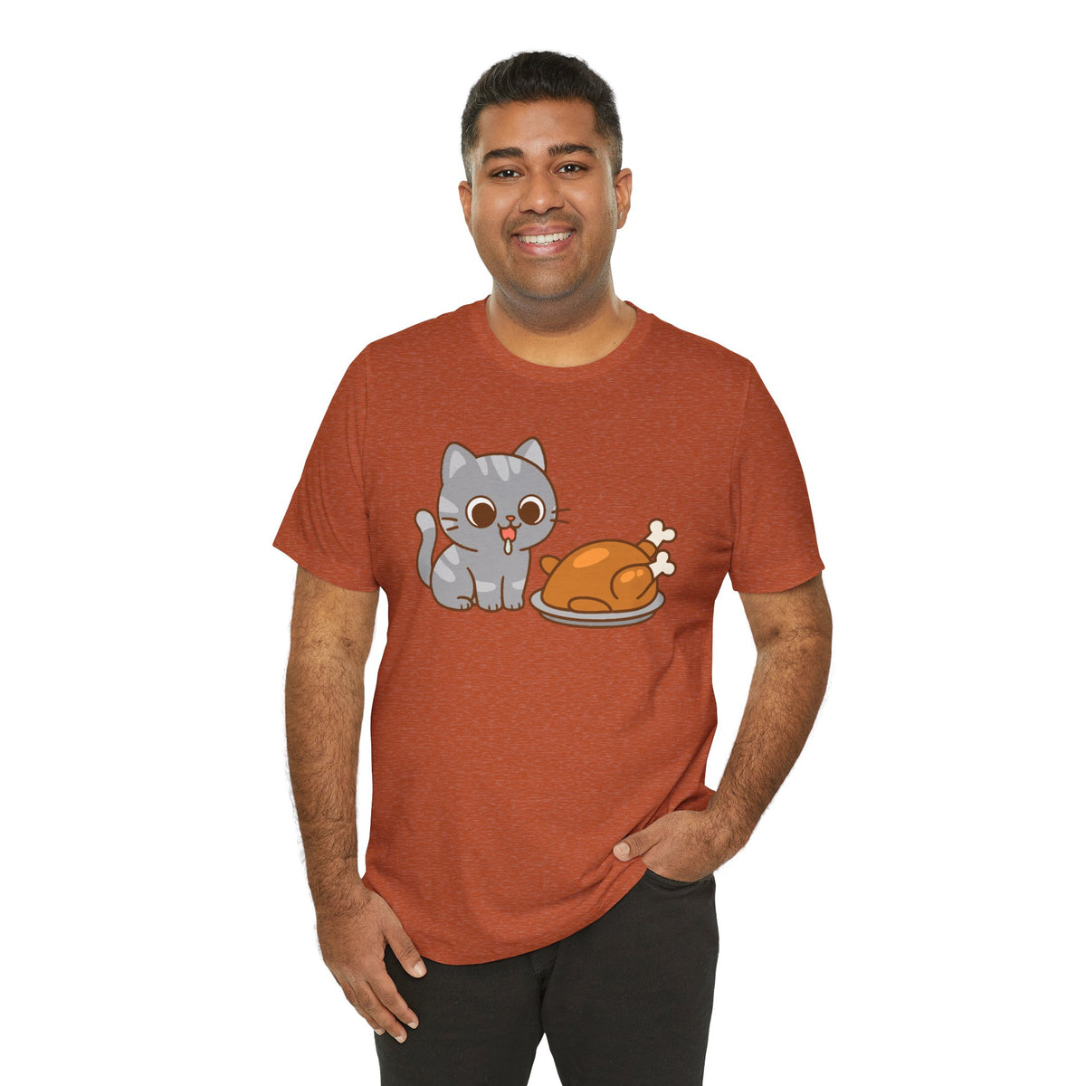 Rust orange crew-neck T-shirt with gray cat and brown turkey cartoon on front