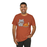 Rust orange crew-neck T-shirt with gray cat and brown turkey cartoon on front