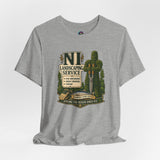 Heather gray crew-neck t-shirt with front landscaping service emblem graphic