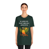 Dark green graphic parrot alarm T-shirt, front slogan and colorful bird print