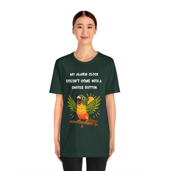 Dark green graphic parrot alarm T-shirt, front slogan and colorful bird print