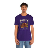 Purple pecan pie graphic T-shirt on model, crew neck, front square chest print