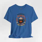 Royal blue crew-neck t-shirt with pumpkin spice taster graphic on chest