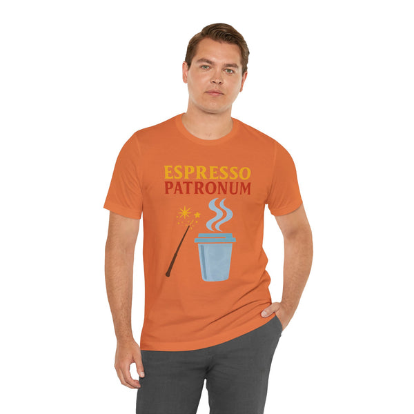 Burnt orange short-sleeve crewneck T-shirt with “Espresso Patronum” coffee graphic