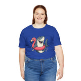 Royal blue t-shirt with smiling shark and flamingo float illustration