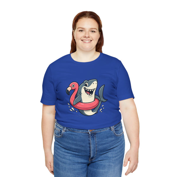 Royal blue t-shirt with smiling shark and flamingo float illustration