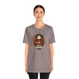 Mauve crewneck T-shirt with pumpkin spice coffee graphic, short sleeves